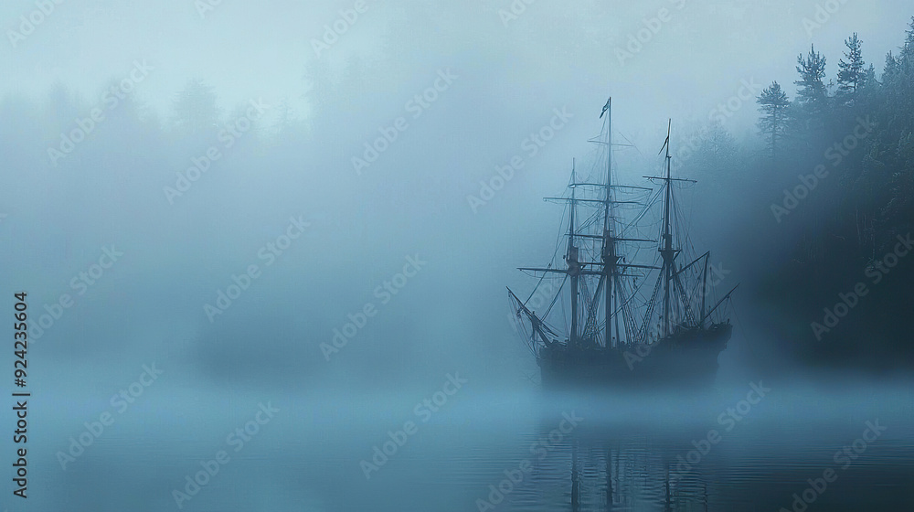 A Ghost Ship in Distance on Foggy Lake Halloween Concept with Copy Space A Ghost Ship in Distance on Foggy Lake Halloween Concept with Copy Space