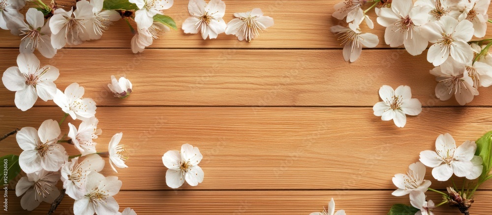 White Cherry Blossoms on a Wooden Background White Cherry Blossoms on a Wooden Background
