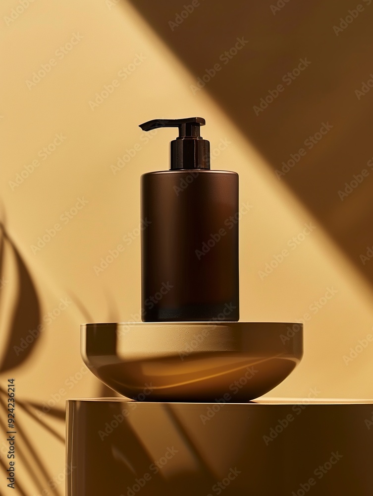 hand cream with dark brown dispenser aroma tobacco and vanilla stands on a podium, product photography, realistic photo,generative ai hand cream with dark brown dispenser aroma tobacco and vanilla stands on a podium, product photography, realistic photo,generative ai