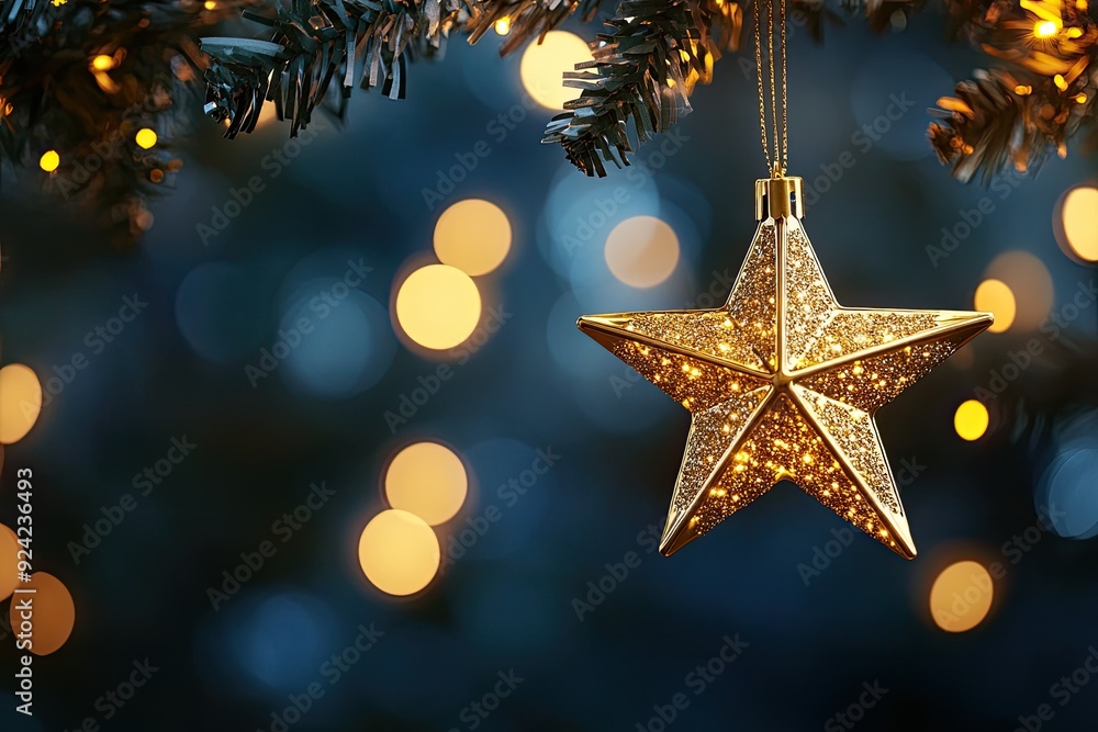 Golden star ornament hanging on tree. Perfect for Christmas or winter holidays, greeting cards. Golden star ornament hanging on tree. Perfect for Christmas or winter holidays, greeting cards.