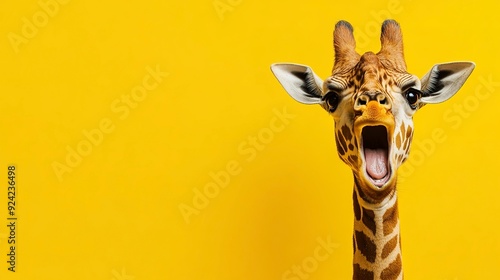 Amazed surprised giraffe pet with a curious face with open mouth at on yellow background. Website banner concept. Advertising postcards, notebooks. photo