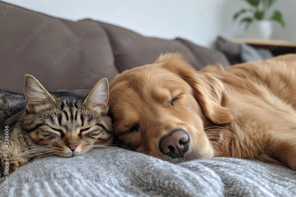 A cat and a dog napping together. This photo captures the peaceful coexistence of different species, ideal for pet-related content. A cat and a dog napping together. This photo captures the peaceful coexistence of different species, ideal for pet-related content.