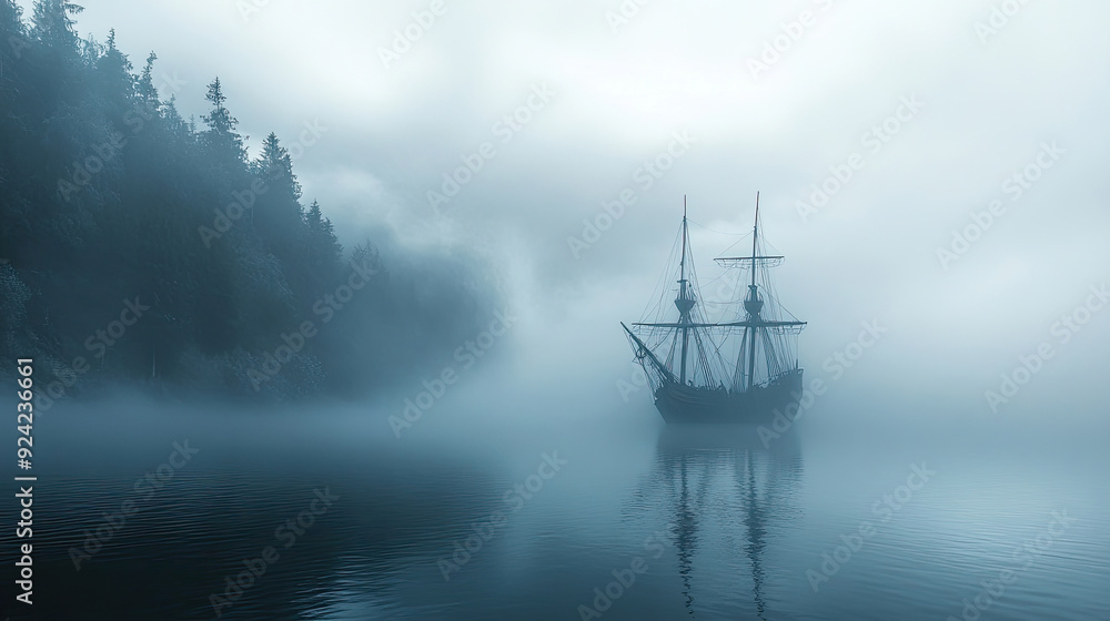 A Ghost Ship in Distance on Foggy Lake Halloween Concept with Copy Space A Ghost Ship in Distance on Foggy Lake Halloween Concept with Copy Space