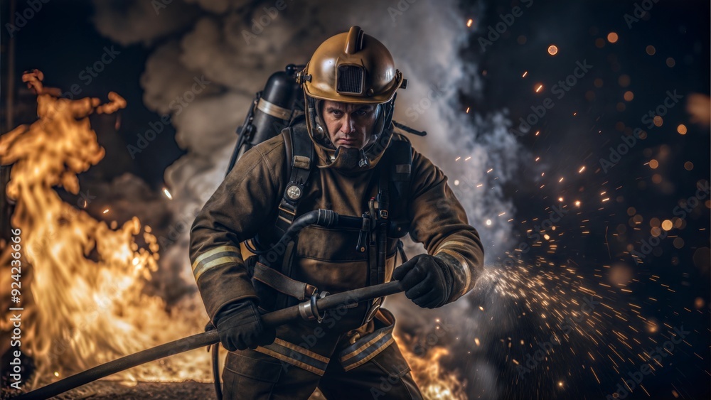 Fototapeta premium A brave firefighter tackles a blazing fire surrounded by smoke and sparks