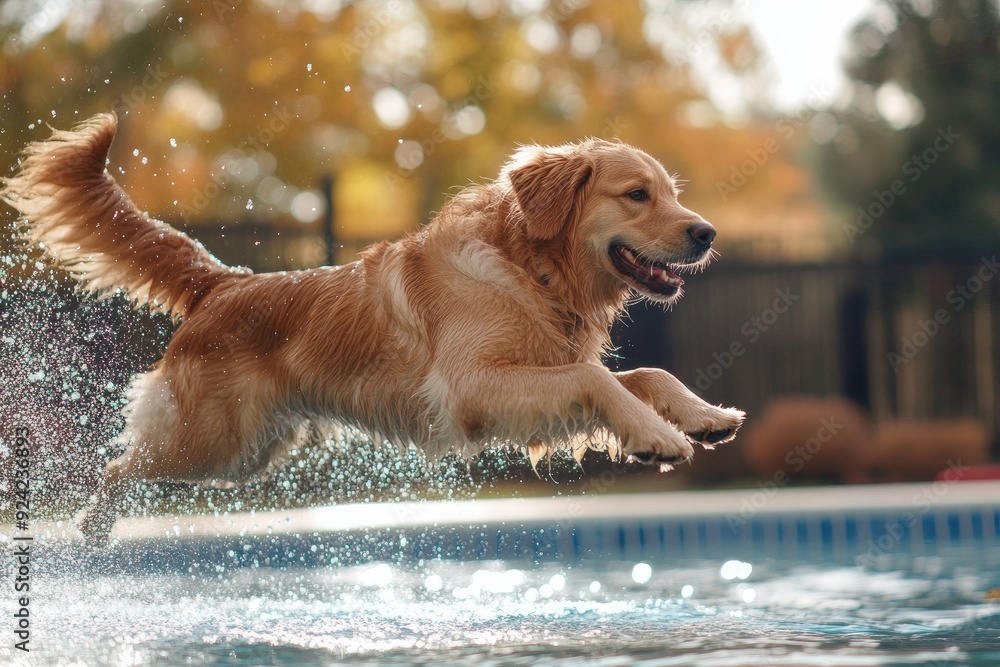 Golden Retriever jumping into pool. This image depicts a dog's pure joy ...