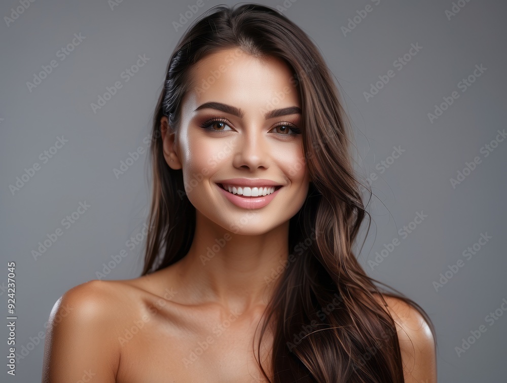 Portrait of a smiling woman with long brown hair and flawless skin Portrait of a smiling woman with long brown hair and flawless skin
