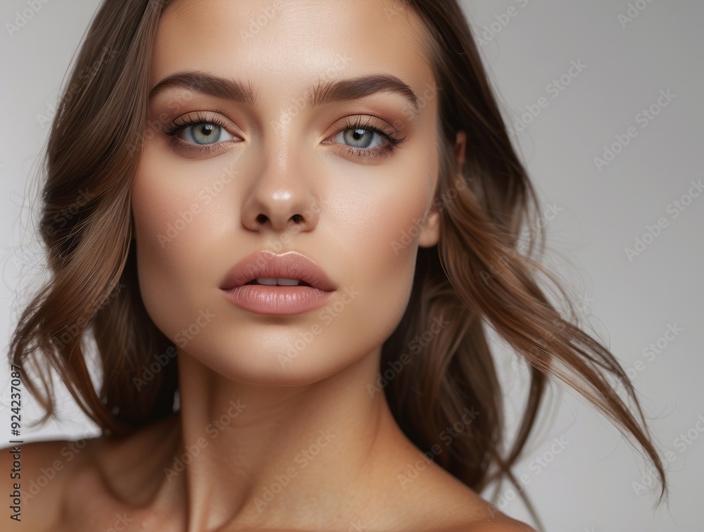 Fototapeta premium Close-up Portrait of a Woman with Long Brown Hair and Natural Makeup