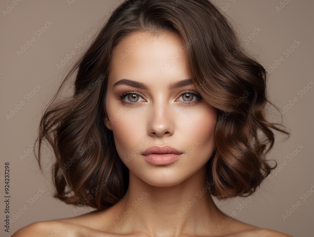 Close-up Portrait of a Woman with Wavy Brown Hair and Natural Makeup Close-up Portrait of a Woman with Wavy Brown Hair and Natural Makeup