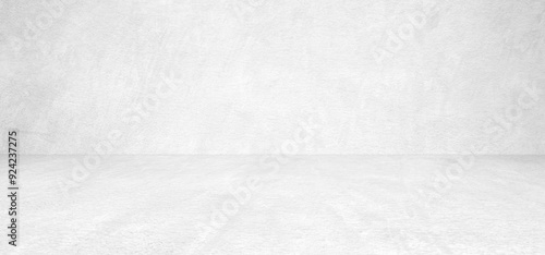 Empty white concrete room background, Perspective white gradient concrete room for interior background, backdrop, White cement room with space for product display mockup, template