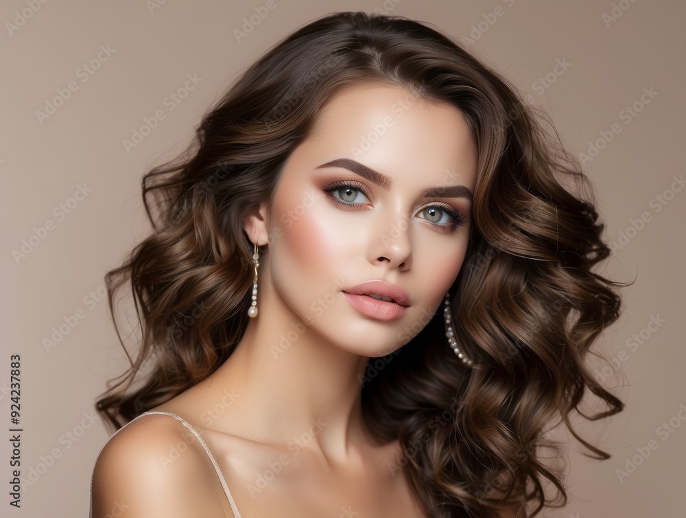 Portrait of a Woman with Long Brown Curly Hair and Pearl Earrings Portrait of a Woman with Long Brown Curly Hair and Pearl Earrings