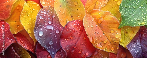 A close-up of autumn leaves in various colors, from deep red to bright yellow, with dewdrops glistening in the morning light, high detail photo