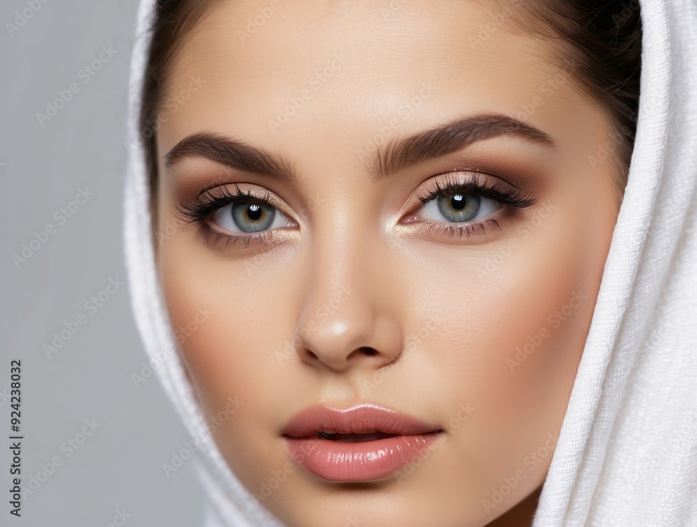 Close-up Portrait of a Woman with Makeup and a White Towel Close-up Portrait of a Woman with Makeup and a White Towel