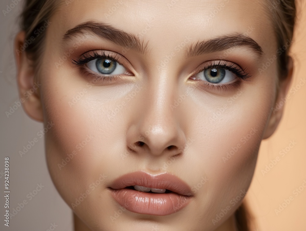 Close-up Portrait of a Woman with Blue Eyes and Soft Makeup Close-up Portrait of a Woman with Blue Eyes and Soft Makeup