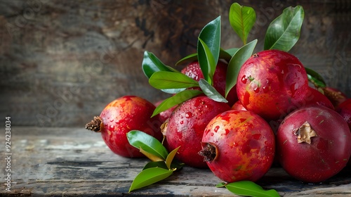 Close up of fresh kerson fruits with bright red color and slightly rough texture arranged beautifully on a rustic wooden table with green leaves for a natural look photo