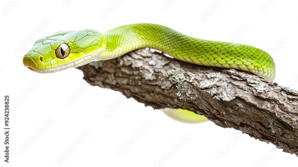 Green snake on a tree isolated on white background Green snake on a tree isolated on white background