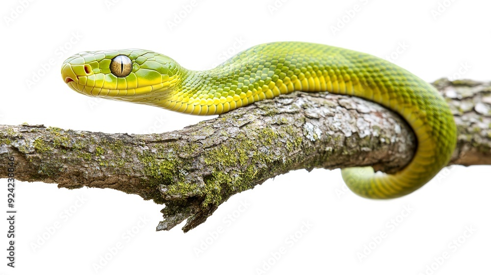 Fototapeta premium Green snake on a tree isolated on white background 