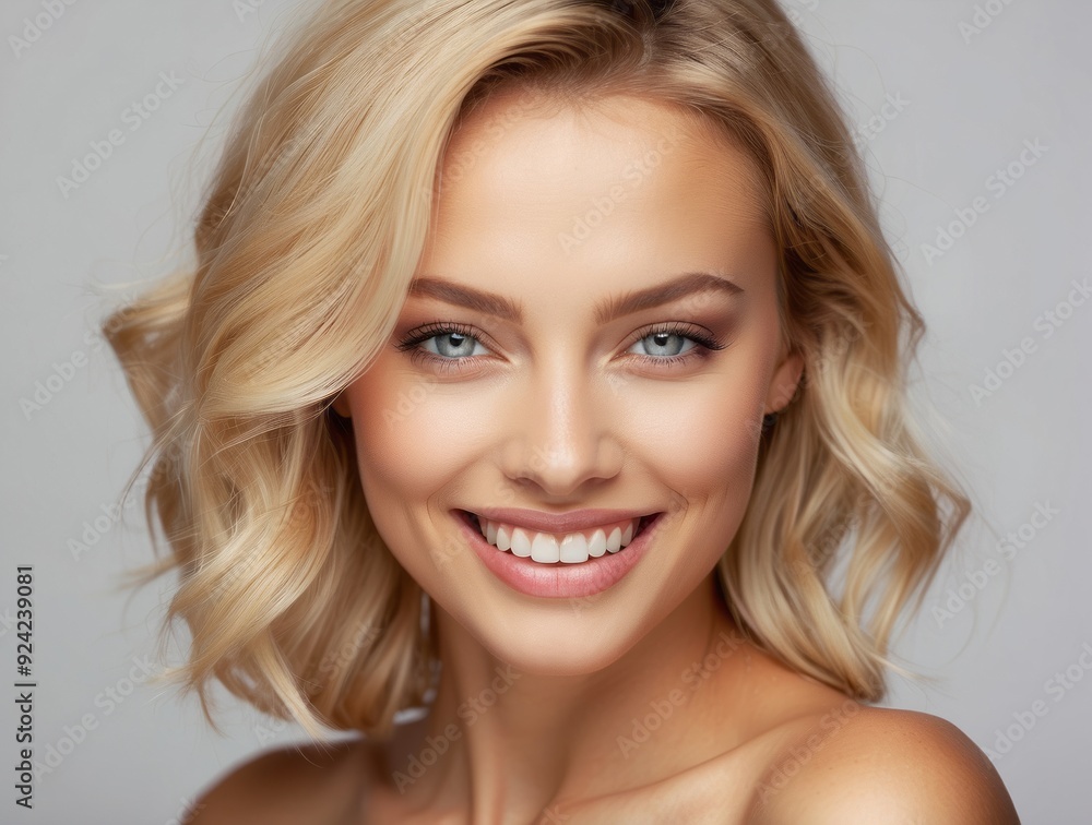 Close-up portrait of a smiling woman with blonde hair and blue eyes Close-up portrait of a smiling woman with blonde hair and blue eyes