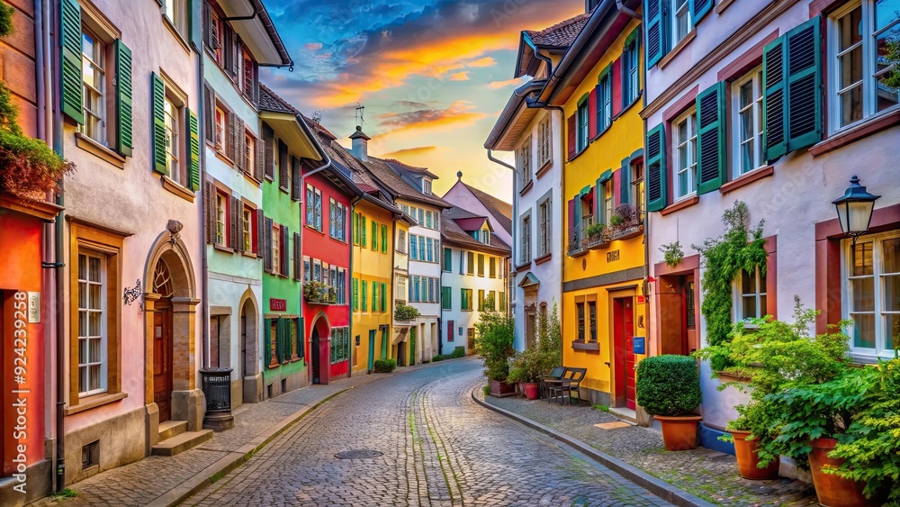 Fototapeta premium Colorful and cosy street in historic Basel, Switzerland, Basel, Switzerland, cozy, colorful, street