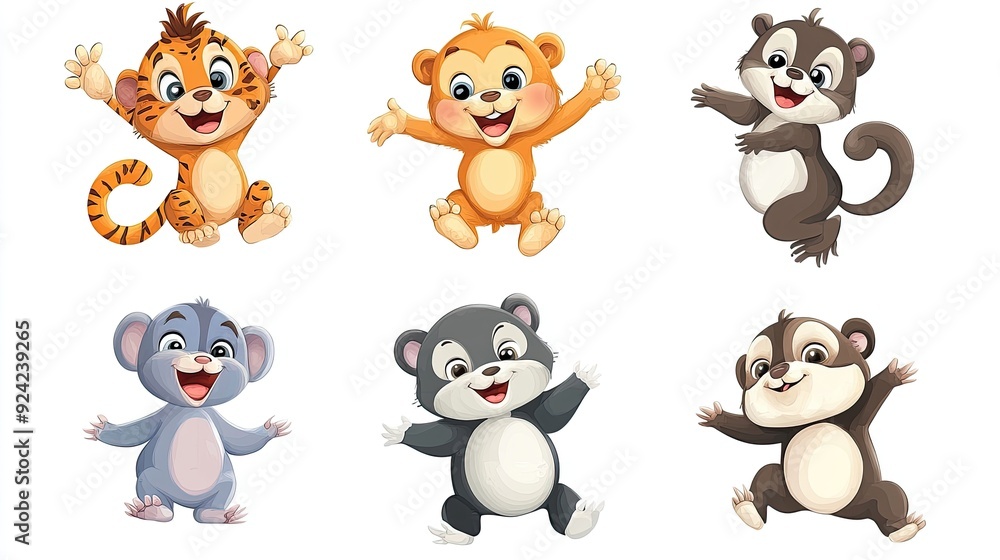Fototapeta premium Baby bear tiger lion monkey penguin raccoon and squirrel jumping or dancing, cute animals illustration for kids.