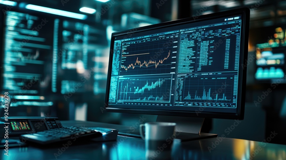 A computer monitor shows graphs and data. This image is perfect for depicting data analysis, financial markets, and technology. A computer monitor shows graphs and data. This image is perfect for depicting data analysis, financial markets, and technology.