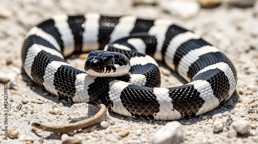 Fototapeta premium California king snake in black and white stripes curled on a rocky surface