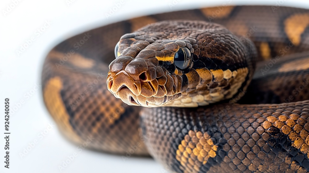A close up image of a brown and black python snake coiled on a white background A close up image of a brown and black python snake coiled on a white background