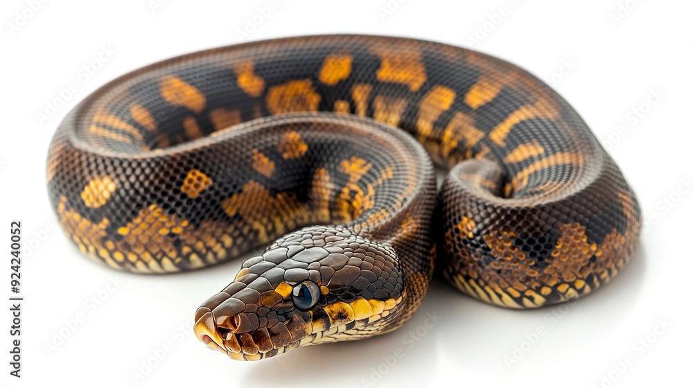 A close up image of a brown and black python snake coiled on a white background A close up image of a brown and black python snake coiled on a white background
