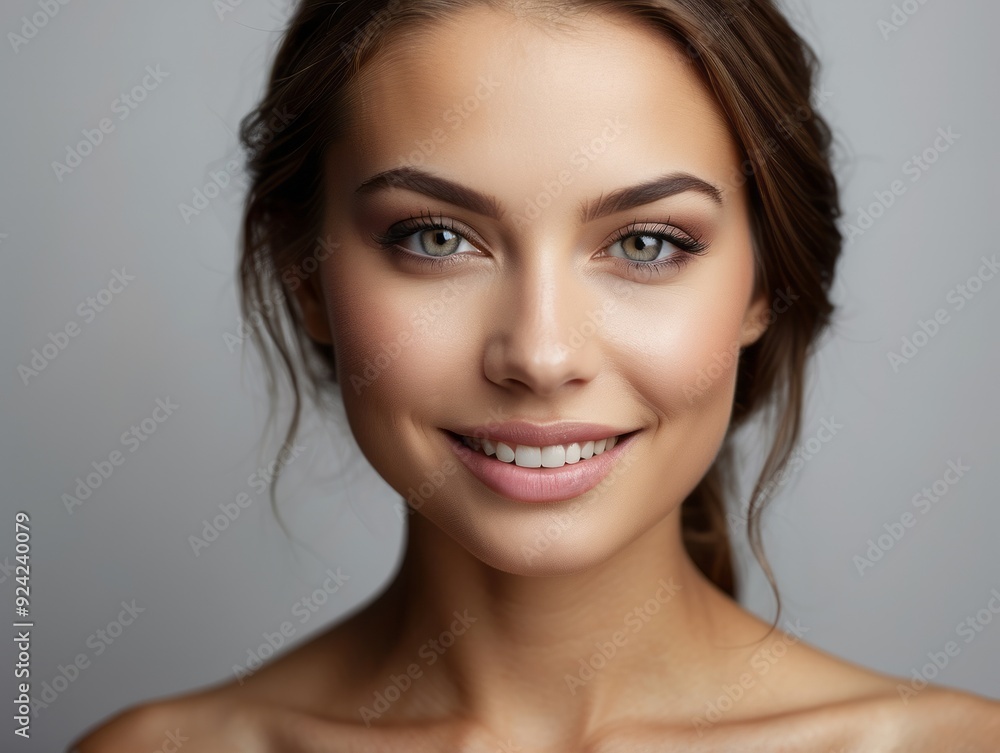 Close-up portrait of a woman with long brown hair and a bright smile Close-up portrait of a woman with long brown hair and a bright smile