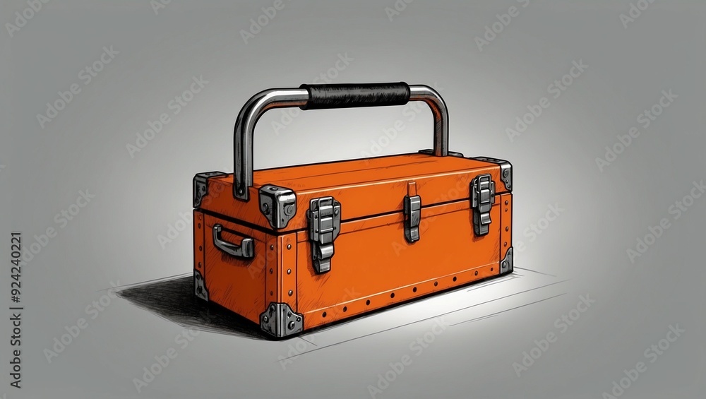 Detailed illustration of an orange toolbox with black handle and latches Detailed illustration of an orange toolbox with black handle and latches