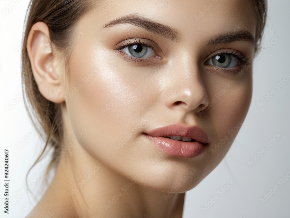 Close-up Portrait of a Woman with Blue Eyes and Soft Makeup Close-up Portrait of a Woman with Blue Eyes and Soft Makeup