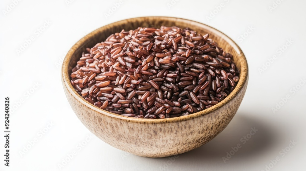 A bowl filled with cooked Riceberry rice, isolated on a white background. The striking color and texture of the rice stand out against the white backdrop. A bowl filled with cooked Riceberry rice, isolated on a white background. The striking color and texture of the rice stand out against the white backdrop.