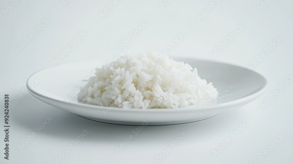 A clean and minimalistic presentation of white rice on a white plate, with a pure white background emphasizing the dish's simplicity. A clean and minimalistic presentation of white rice on a white plate, with a pure white background emphasizing the dish's simplicity.