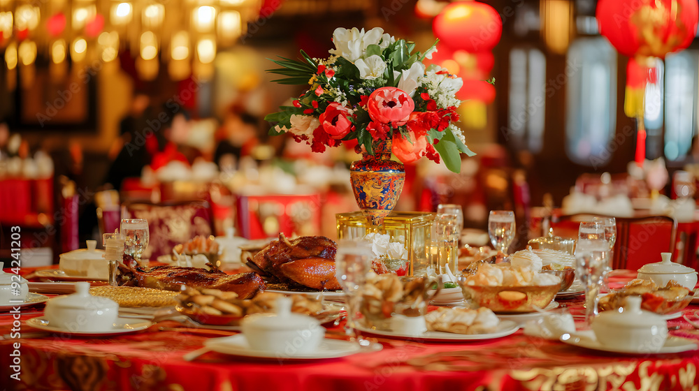 Luxurious Chinese wedding banquet in a grand hall with red and gold decor, sumptuous dishes, and a joyful celebration of prosperity. Luxurious Chinese wedding banquet in a grand hall with red and gold decor, sumptuous dishes, and a joyful celebration of prosperity.