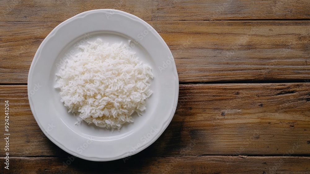A serving of cooked Jasmine rice on a white plate, resting on a rustic wooden table. Simple and classic Asian cuisine presentation. A serving of cooked Jasmine rice on a white plate, resting on a rustic wooden table. Simple and classic Asian cuisine presentation.