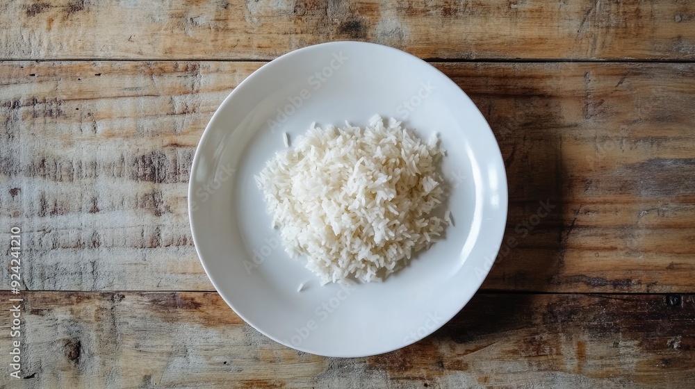 A serving of cooked Jasmine rice on a white plate, resting on a rustic wooden table. Simple and classic Asian cuisine presentation. A serving of cooked Jasmine rice on a white plate, resting on a rustic wooden table. Simple and classic Asian cuisine presentation.