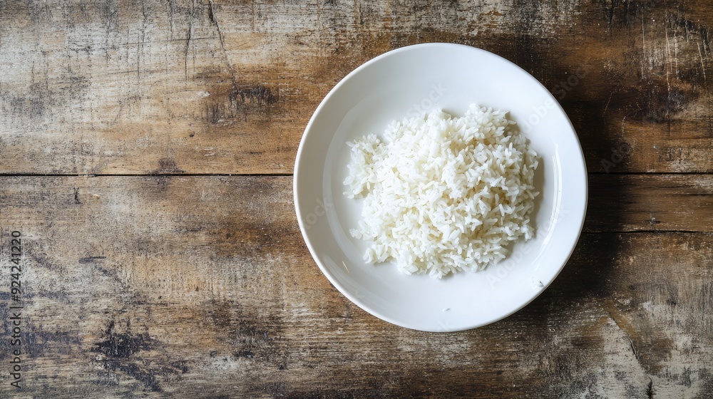 A serving of cooked Jasmine rice on a white plate, resting on a rustic wooden table. Simple and classic Asian cuisine presentation. A serving of cooked Jasmine rice on a white plate, resting on a rustic wooden table. Simple and classic Asian cuisine presentation.