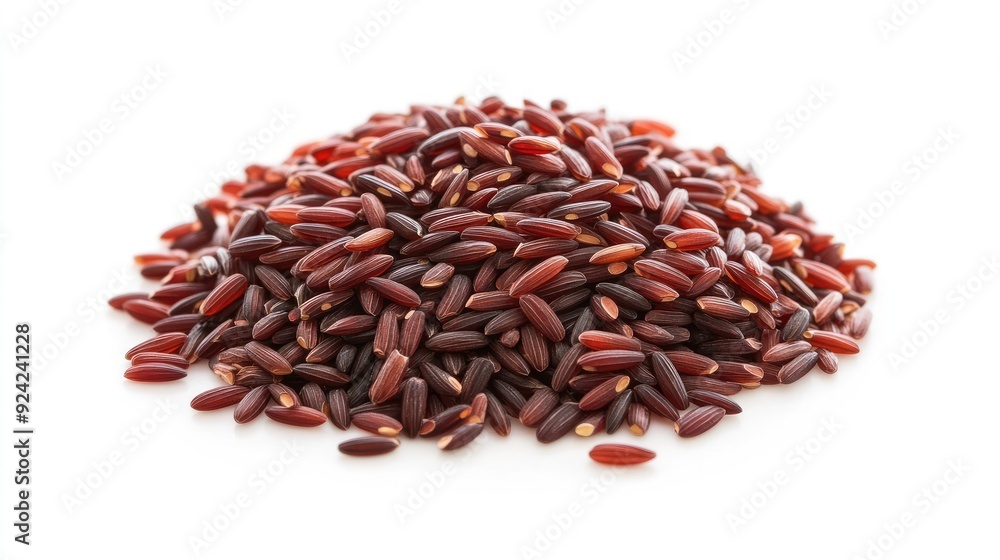 A serving of cooked Riceberry rice, perfectly isolated on a white background. The deep color of the grains contrasts beautifully with the clean backdrop. A serving of cooked Riceberry rice, perfectly isolated on a white background. The deep color of the grains contrasts beautifully with the clean backdrop.