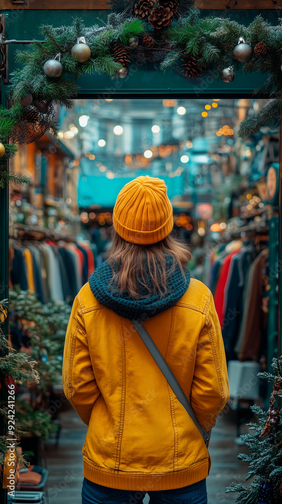 a woman in a winter outfit shopping at the mall during the black friday season of discounts and offers a woman in a winter outfit shopping at the mall during the black friday season of discounts and offers