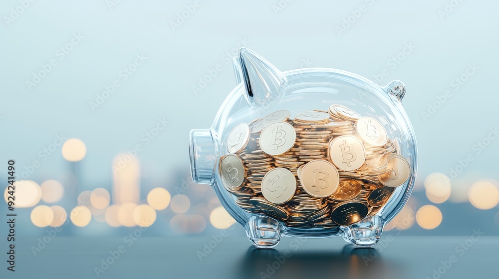 Φωτογραφία Neon Futuristic Digital Piggy Bank with Floating Coins - 3D Illustration of Weal