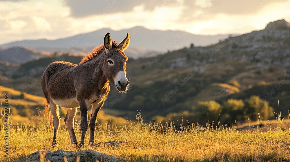 A donkey standing amidst a picturesque countryside A donkey standing amidst a picturesque countryside