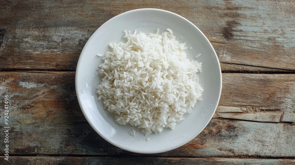 A white plate filled with steamed Thai Jasmine rice, viewed from above on a rustic wooden table. Simple and authentic Thai cuisine. A white plate filled with steamed Thai Jasmine rice, viewed from above on a rustic wooden table. Simple and authentic Thai cuisine.