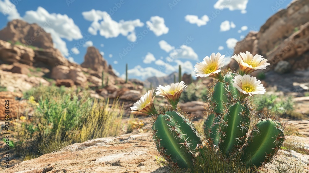 Beautiful wild cactus adorned with blooming flowers, standing tall under the summer sun with a backdrop of rocky desert and clear skies. A stunning natural scene. Beautiful wild cactus adorned with blooming flowers, standing tall under the summer sun with a backdrop of rocky desert and clear skies. A stunning natural scene.