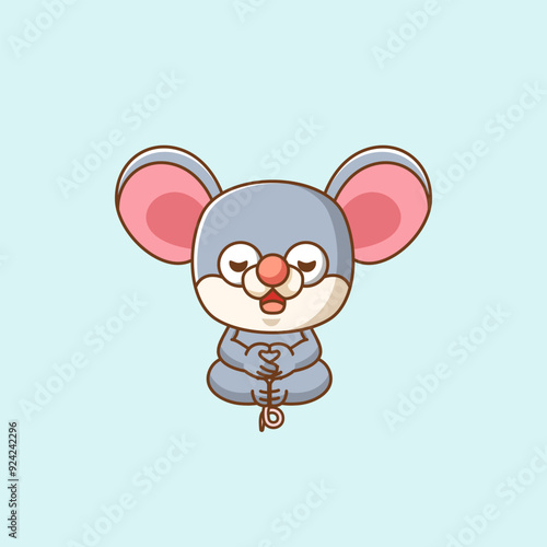 Cute mouse meditation yoga kawaii chibi character mascot outline style design