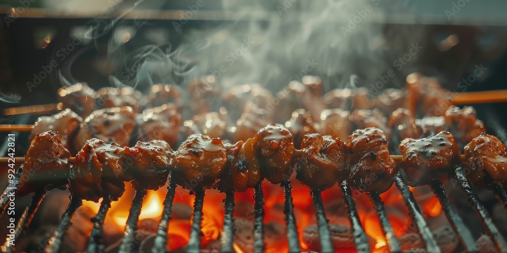 Grilled chicken heart skewers on the barbecue Grilled chicken heart skewers on the barbecue