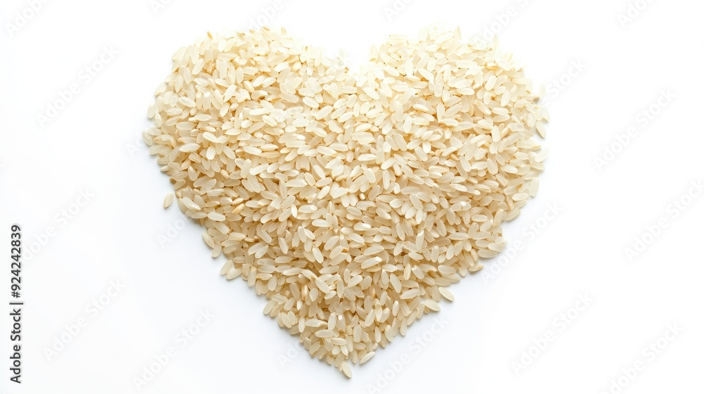 Pile of uncooked Jasmine rice grains in a heart shape, isolated on a white background with a clipping path. Love for healthy food concept. Pile of uncooked Jasmine rice grains in a heart shape, isolated on a white background with a clipping path. Love for healthy food concept.