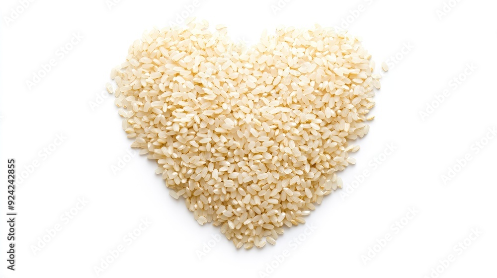 Pile of uncooked Jasmine rice grains in a heart shape, isolated on a white background with a clipping path. Love for healthy food concept. Pile of uncooked Jasmine rice grains in a heart shape, isolated on a white background with a clipping path. Love for healthy food concept.