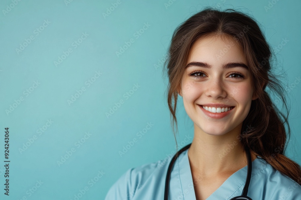 A smiling young female healthcare professional in scrubs with a stethoscope stands against a bright turquoise background with ample copy space, exuding warmth and approachability A smiling young female healthcare professional in scrubs with a stethoscope stands against a bright turquoise background with ample copy space, exuding warmth and approachability