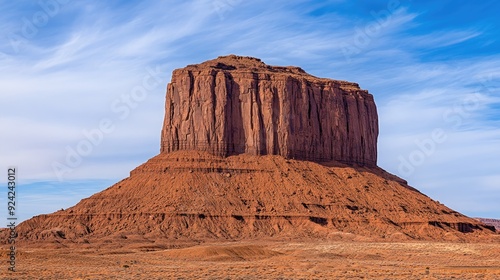 Rugged close-up of a Monument Valley butte, emphasizing the layered rock strata and natural erosion, set against the expansive Arizona-Utah sky.