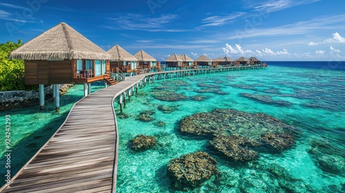 Sweeping panorama of tropical water bungalows in the Maldives, connected by a wooden walkway, with the lush greenery and crystal-clear waters completing the idyllic summer setting.