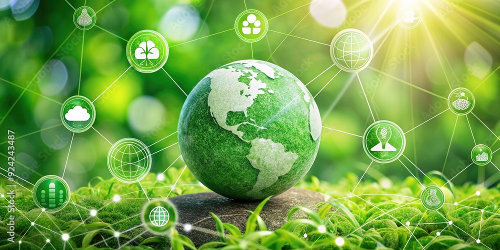 A green ball with ESG icon for Environment, Social, and Governance surrounds an idea, representing sustainable and ethical business practices connected to a global network. A green ball with ESG icon for Environment, Social, and Governance surrounds an idea, representing sustainable and ethical business practices connected to a global network.